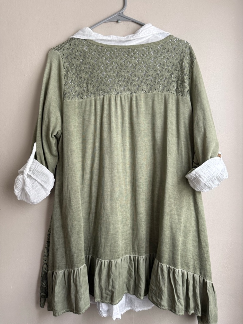 Boho Italian Knit & Lace Tunic Top White & Sage Green Layered 2 piece OS - Picture 5 of 10